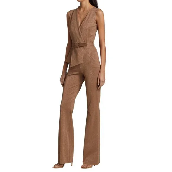 Chiara Boni La Petite Robe Kerolyn Belted Lurex Jumpsuit in Duna - Picture 3 of 6
